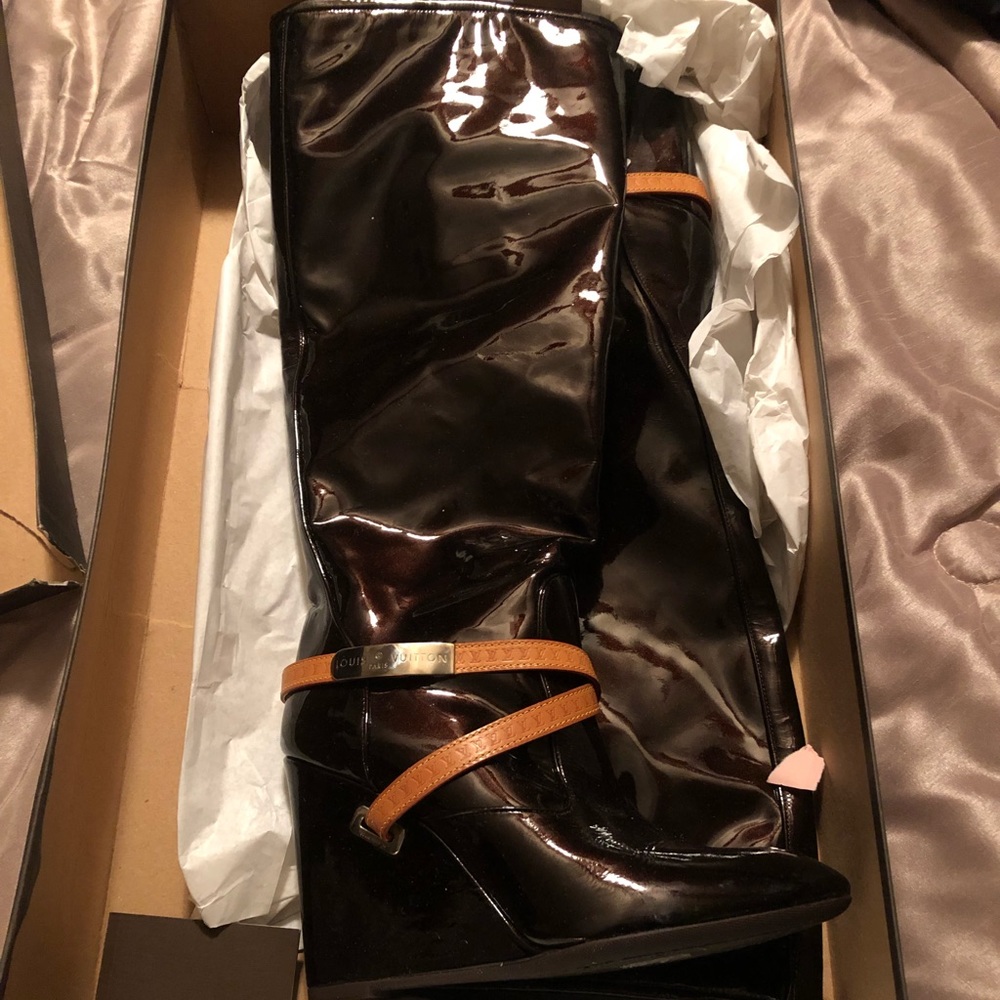 Louis Vuitton patent leather wedge knee boots